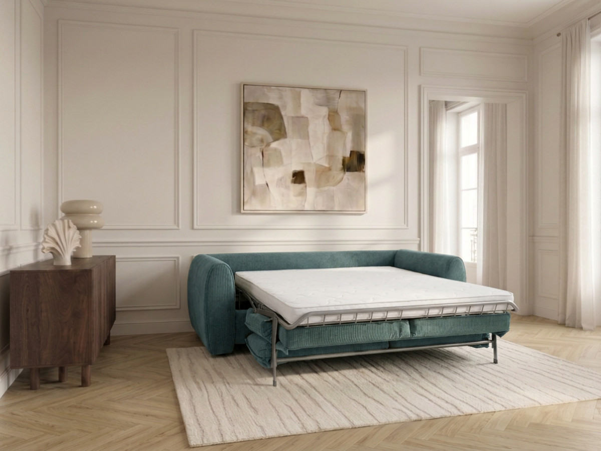 Canapé droit convertible ouverture express 3 places ARCHI tissu velours côtelé gaufré
