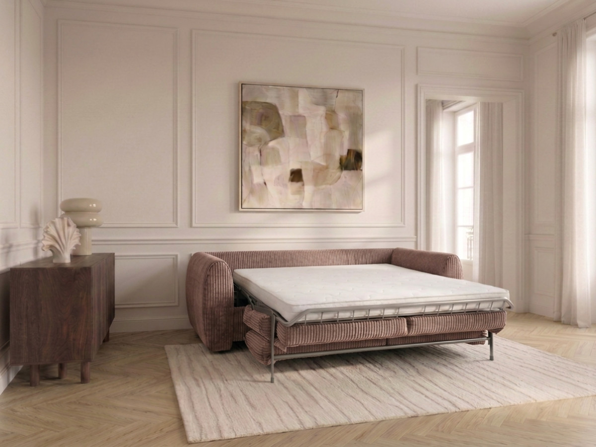 Canapé droit convertible ouverture express 3 places ARCHI tissu velours côtelé gaufré