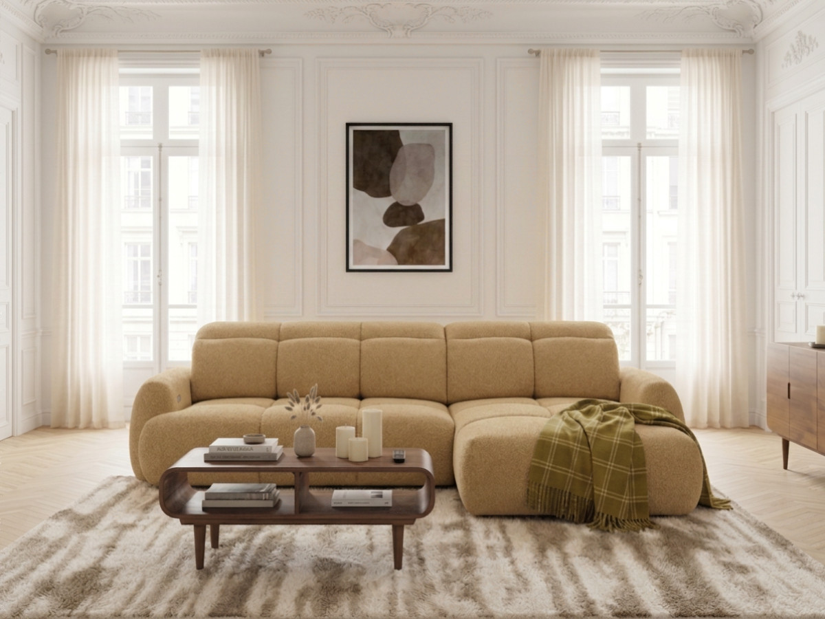 Canapé d'angle convertible avance-recule électrique RUBY chenille jaune — vue 4