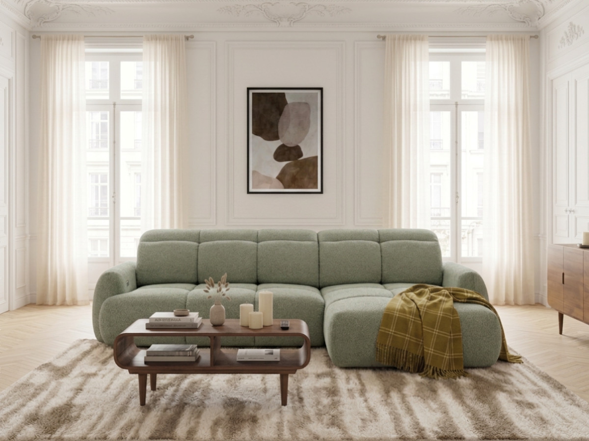 Canapé d'angle convertible avance-recule électrique RUBY chenille vert — vue 4