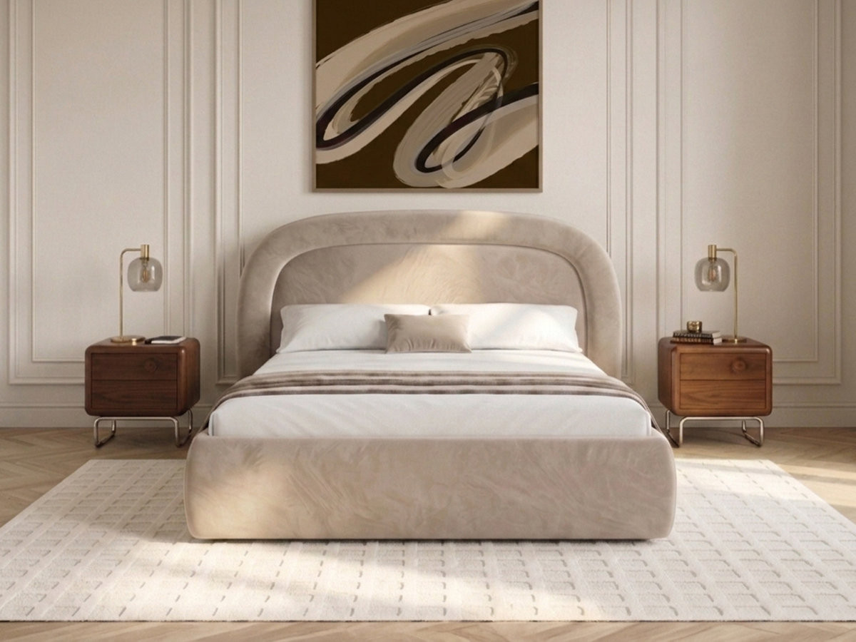 Lit coffre SIMONE velours lisse beige