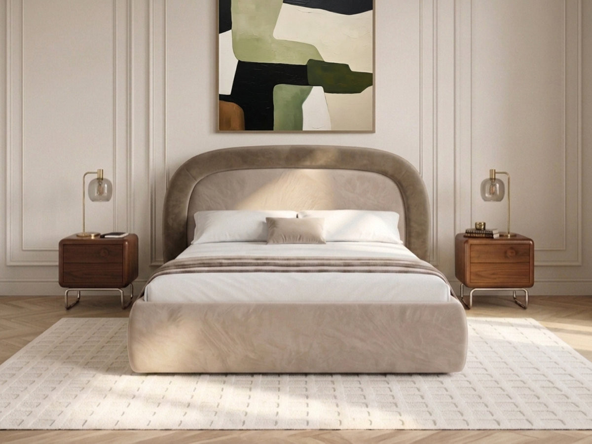 Lit coffre SIMONE tissu velours lisse taupe 180x200  BOBOCHIC