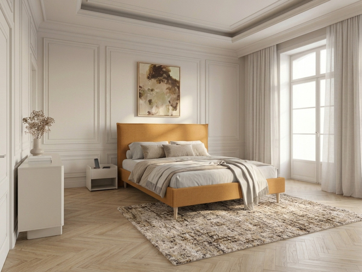 SARY bed met massieve lattenbodem en poten van natuurlijk hout