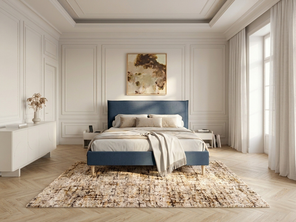 Lit SARY avec lattes massives pieds en bois naturel bleu 160x200  BOBOCHIC