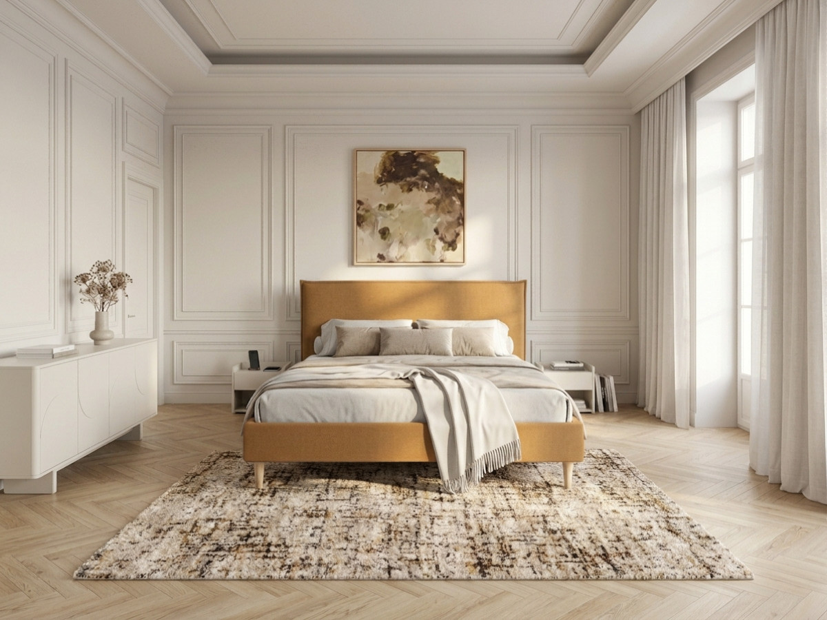 Lit SARY avec lattes massives pieds en bois naturel jaune moutarde 160x200  BOBOCHIC