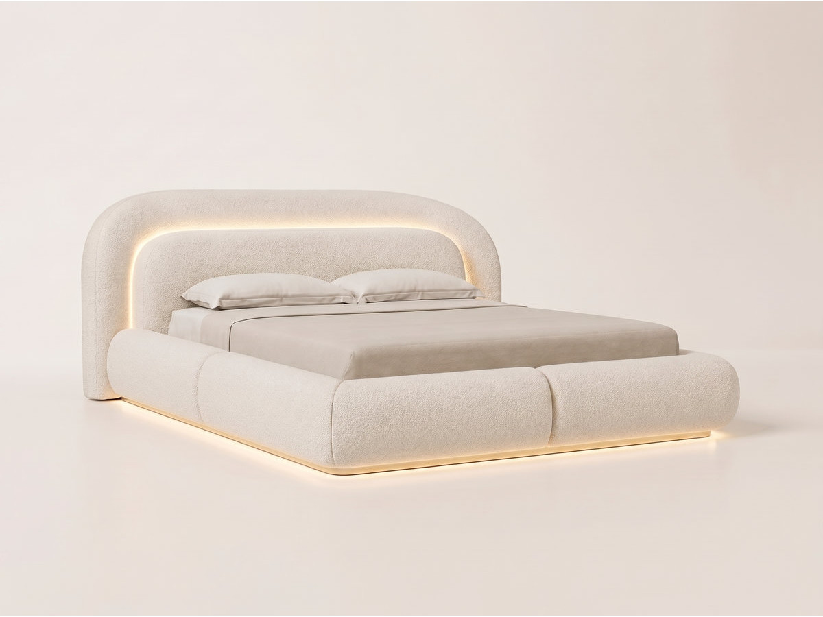 lit bas avec leds sigourney tissu bouclette de couleur beige
