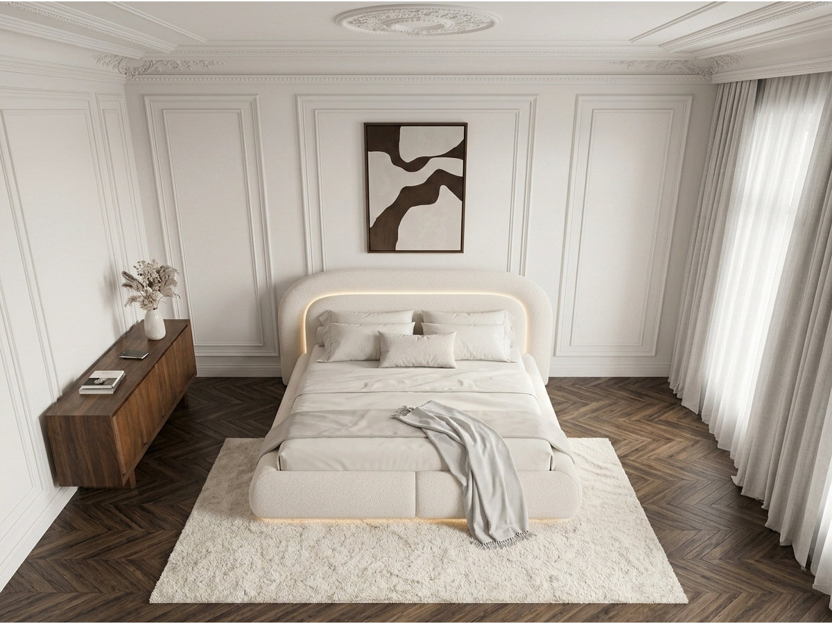Lit bas avec leds SIGOURNEY tissu bouclette