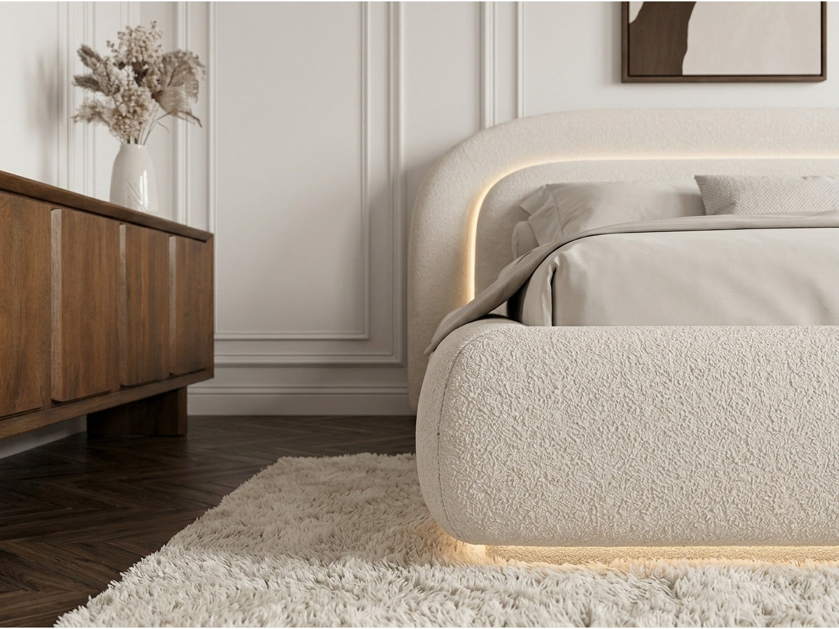 Lit bas avec leds SIGOURNEY tissu bouclette