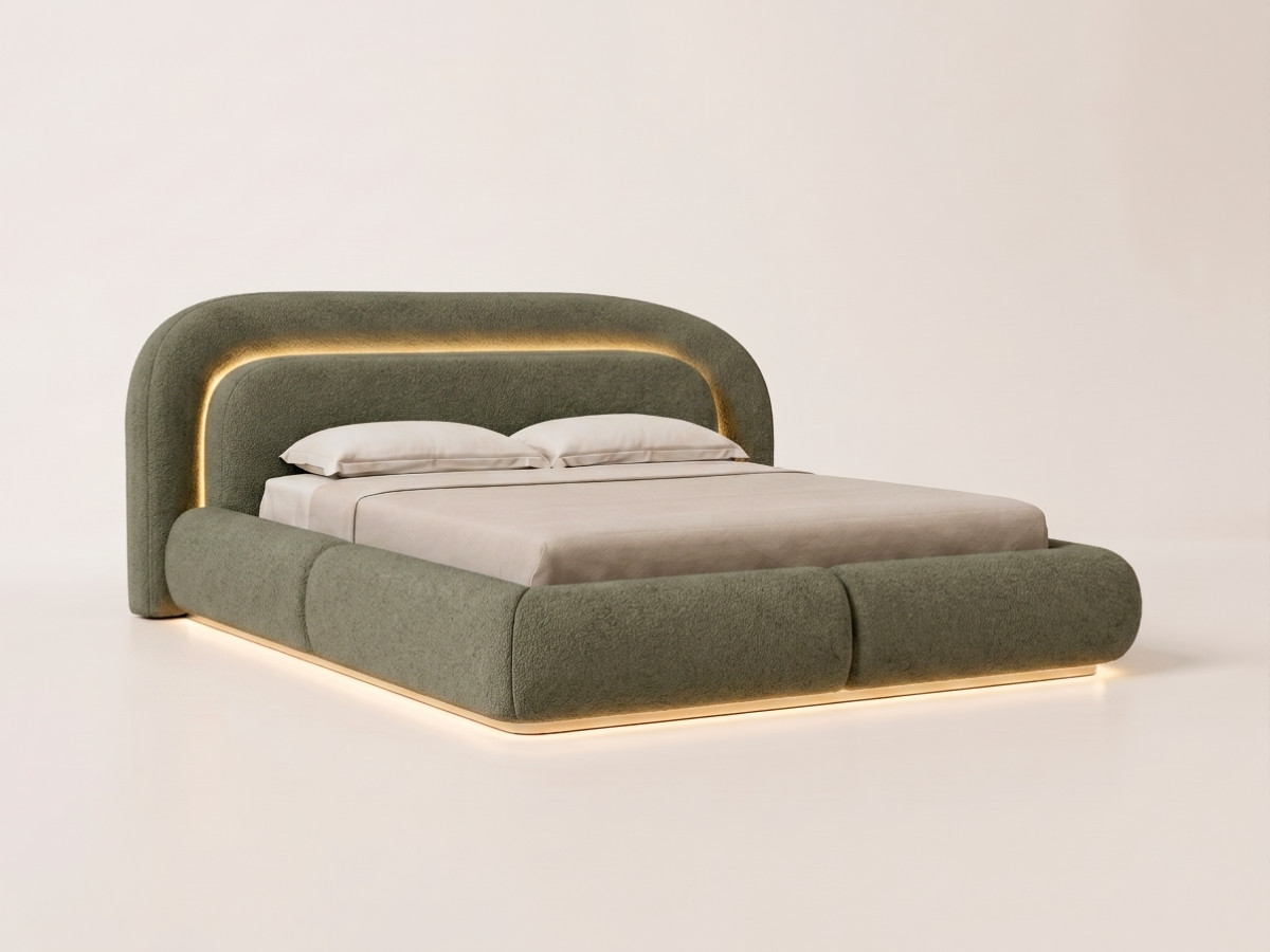 Lit bas avec leds SIGOURNEY tissu bouclette
