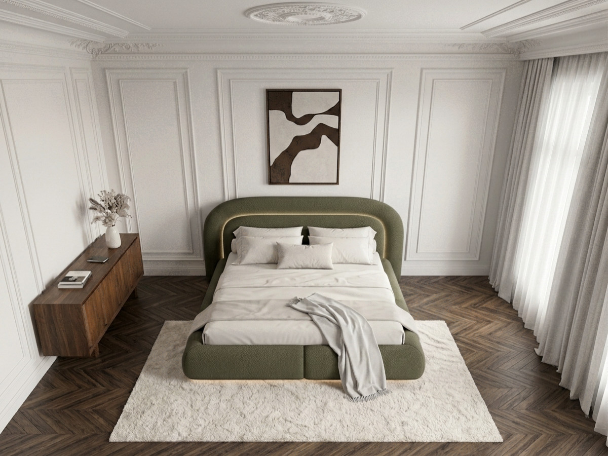Lit bas avec leds SIGOURNEY tissu bouclette