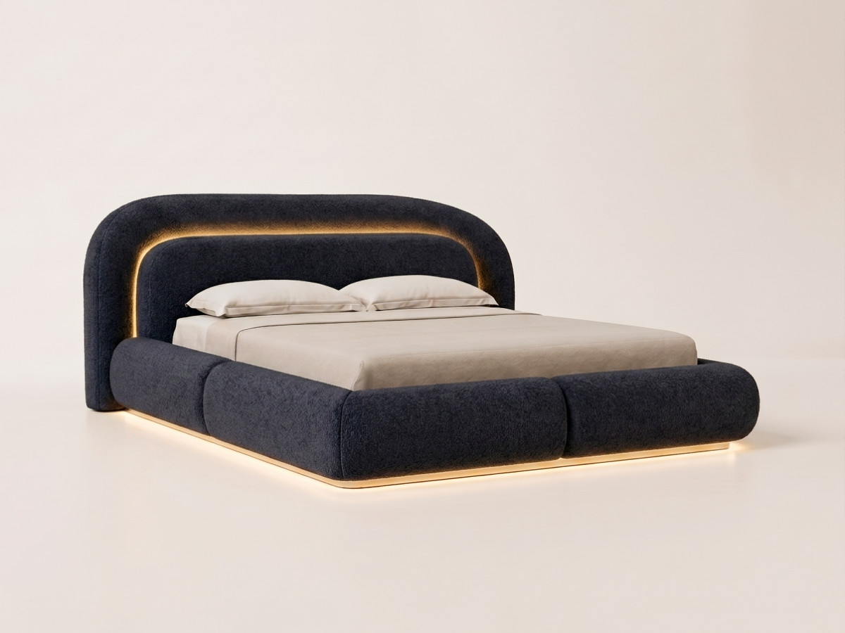 lit bas avec leds sigourney tissu bouclette de couleur bleu