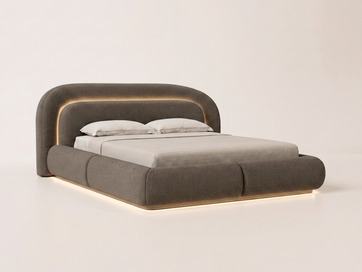 lit bas avec leds sigourney tissu bouclette de couleur taupe