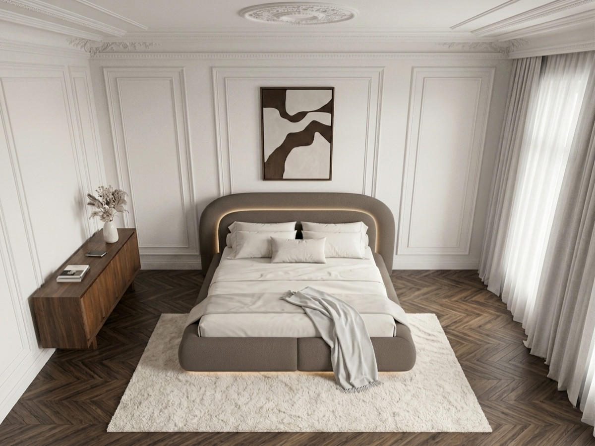 Laag bed met leds SIGOURNEY van boucléstof