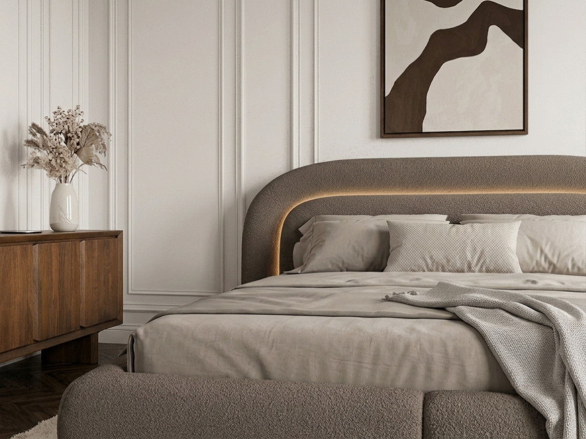 Laag bed met leds SIGOURNEY van boucléstof