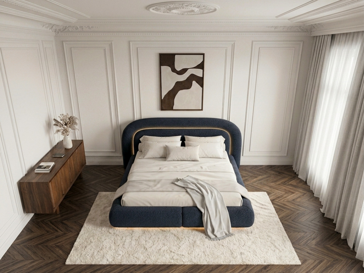 Lit bas avec leds SIGOURNEY tissu bouclette