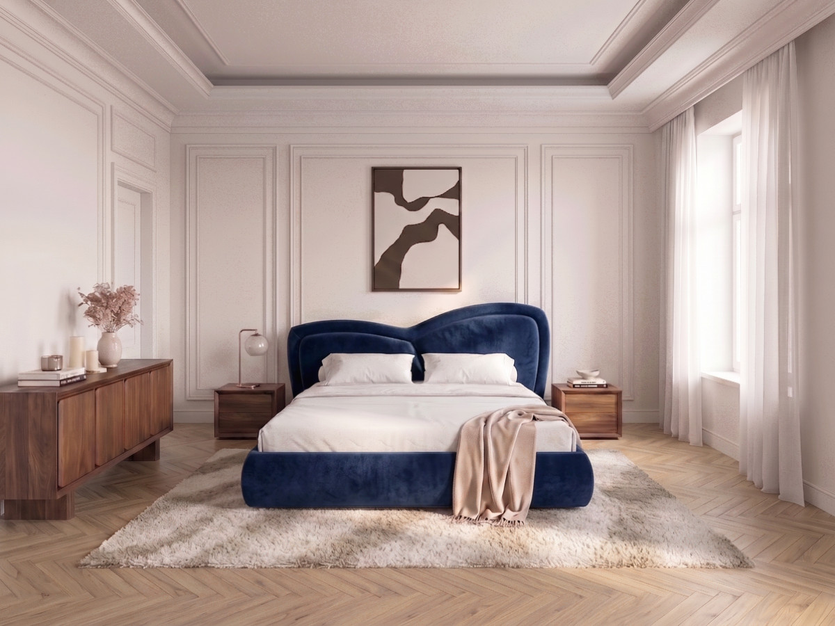 Lit bas DANIELA velours lisse bleu