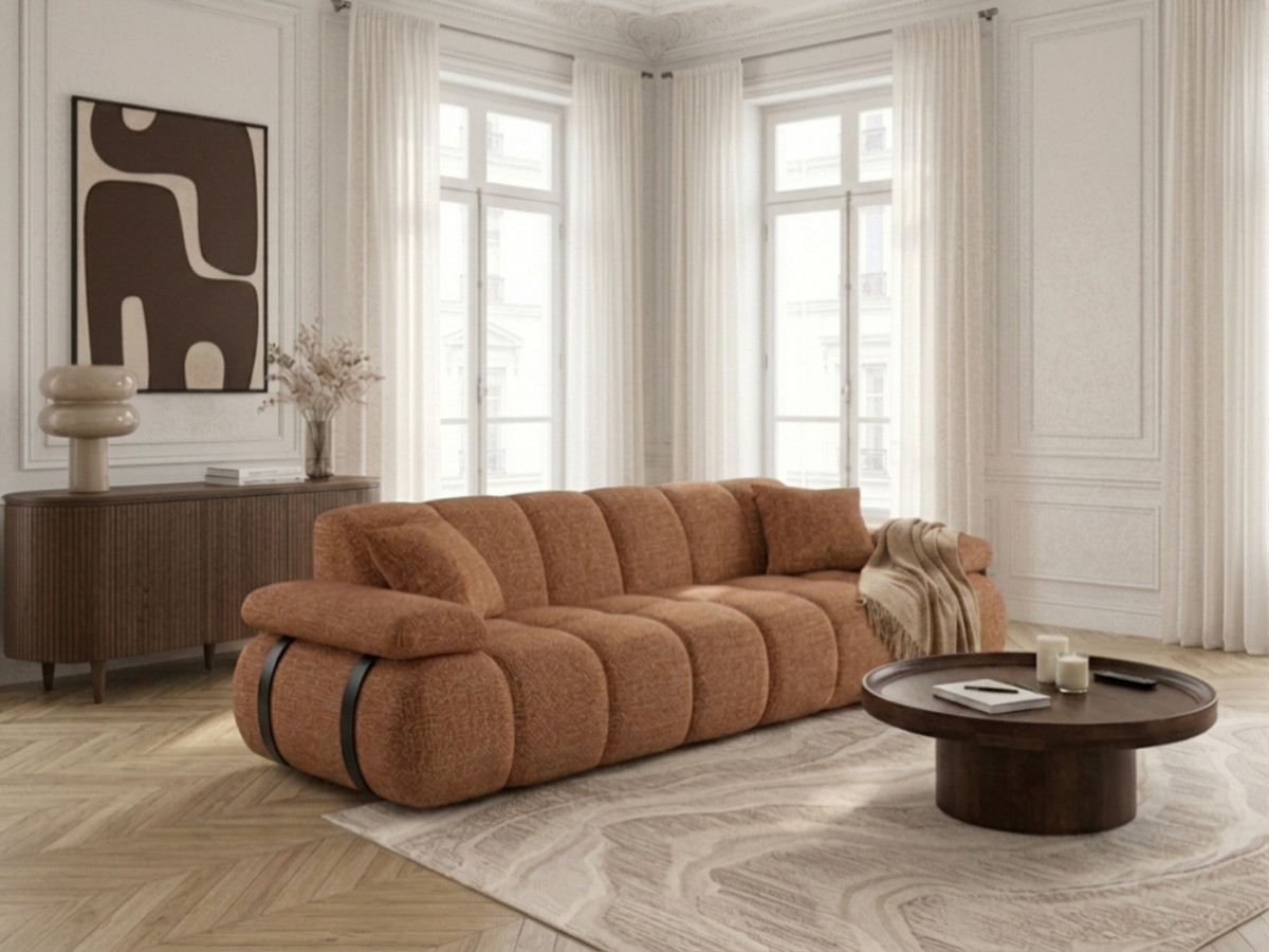 Canapé droit 4 places avec dossier avance-recule RIVOLI en tissu chiné orange BOBOCHIC
