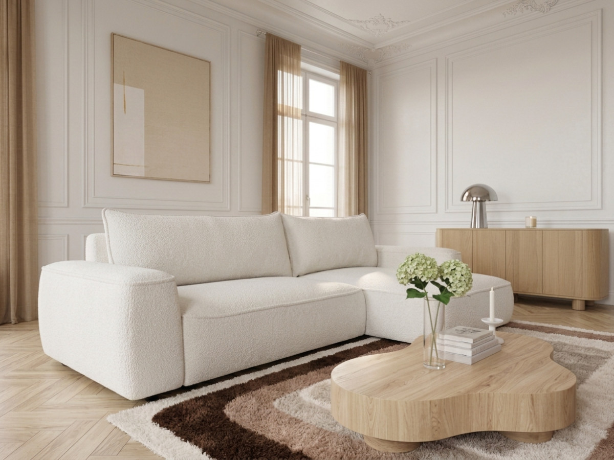 Canapé d'angle réversible convertible HONORE tissu chenille blanc BOBOCHIC 3 places