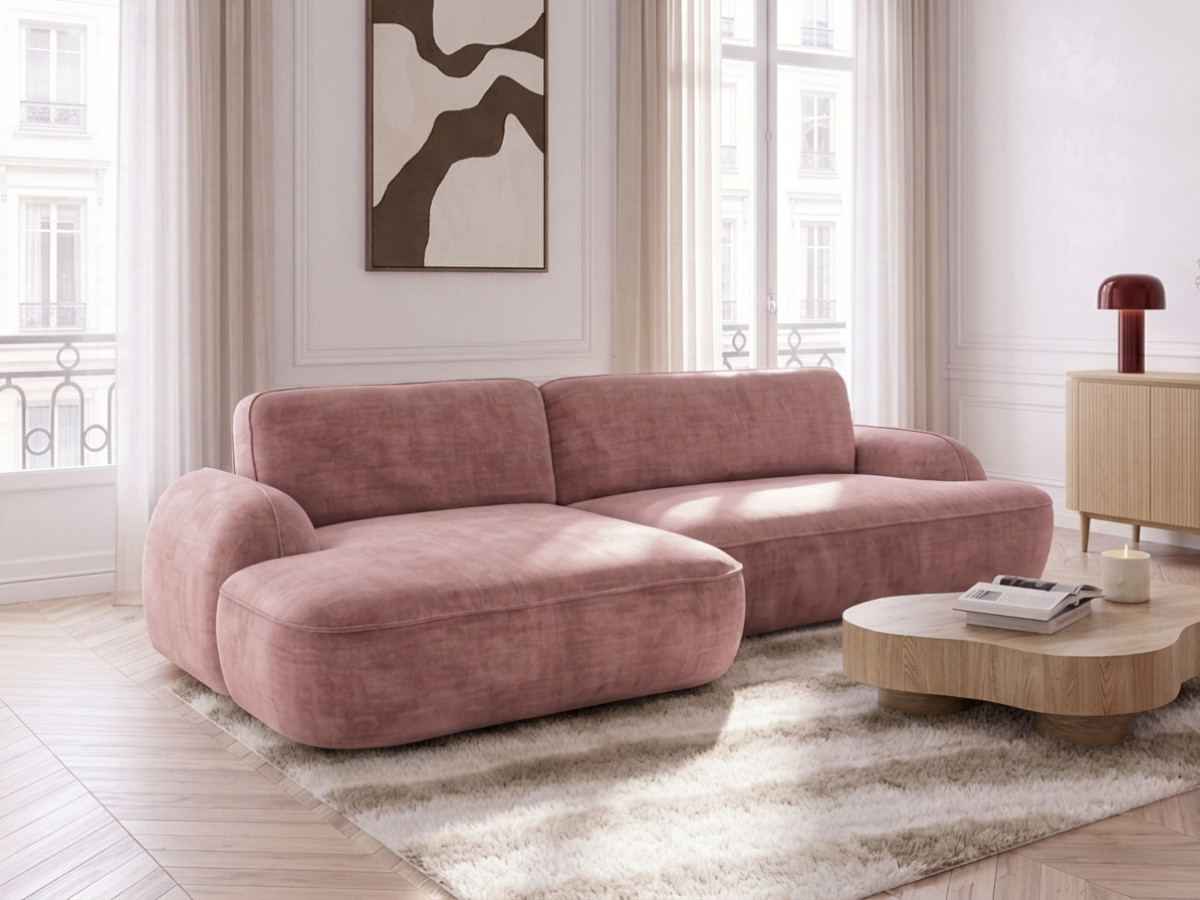 Canapé d'angle convertible CELESTE tissu lisse rose  angle gauche BOBOCHIC 3 places