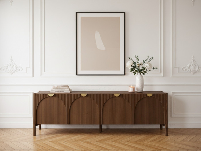 Meuble TV 4 portes 178 cm LOLA motif arrondi et placage frêne massif