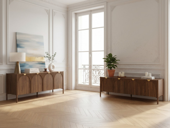 Ensemble LOLA avec buffet 178 cm + meuble TV 178 cm motif arrondi et placage frêne massif
