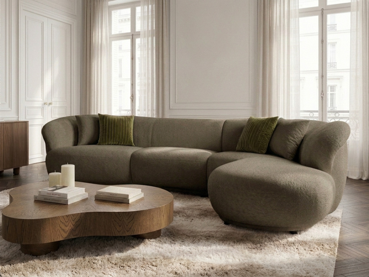 Canapé d'angle fixe NORA tissu chenille marron foncé angle droit BOBOCHIC places