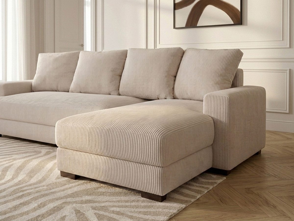 Canapé d'angle convertible coffre CAMPI velours côtelé beige — vue 6