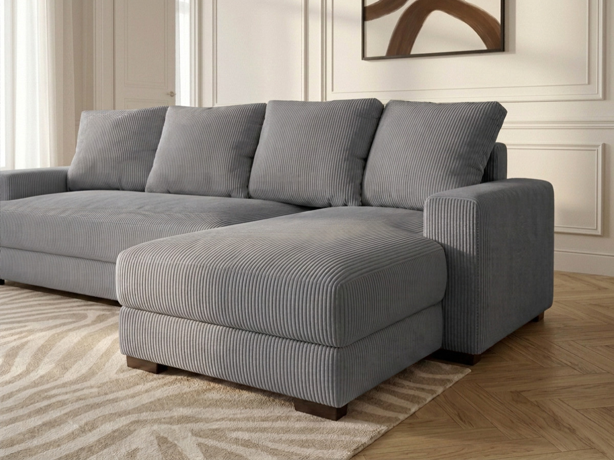 Canapé d'angle convertible coffre CAMPI velours côtelé gris clair — vue 6