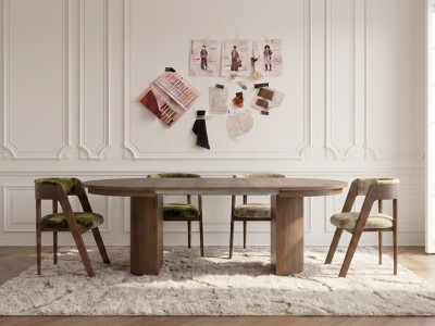 Ensemble PRADO avec table à manger extensible 110 à 210 cm + 4 chaises BASTIDE tissu vert en soie maison LVMH