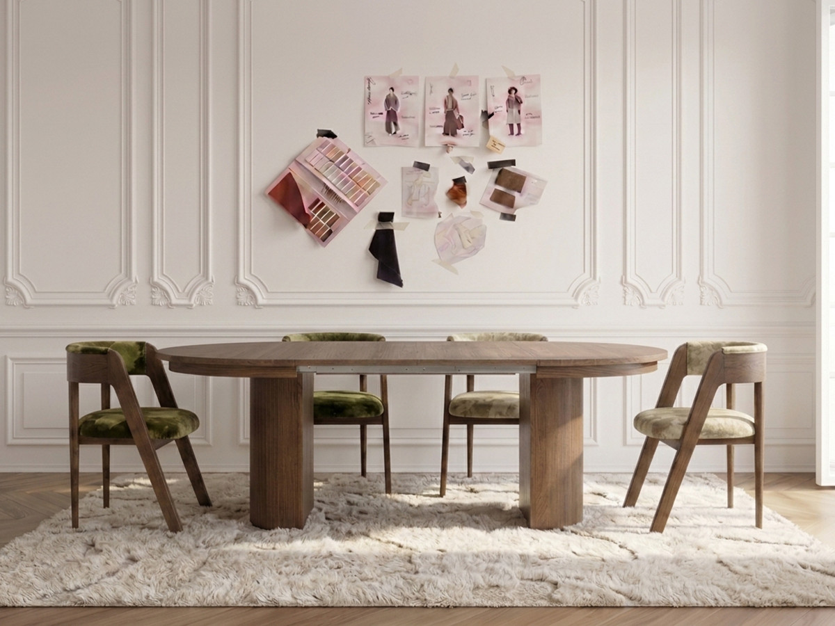 Eetkamerset PRADO met verlengbare eettafel 110 tot 210 cm + 4 stoelen BASTIDE in groene zijden stof uit LVMH-huizen