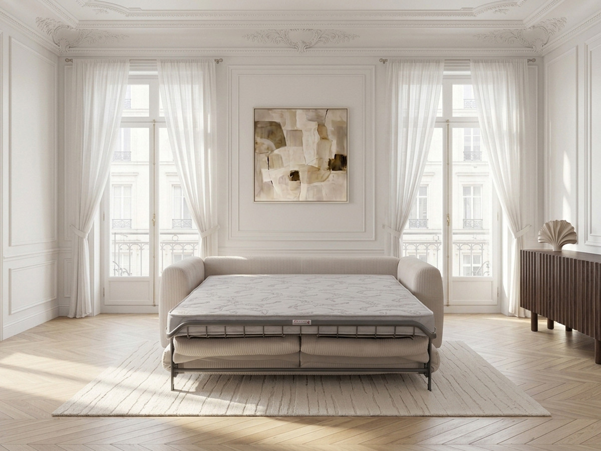 Canapé droit convertible ouverture express 3 places ARCHI tissu velours côtelé gaufré