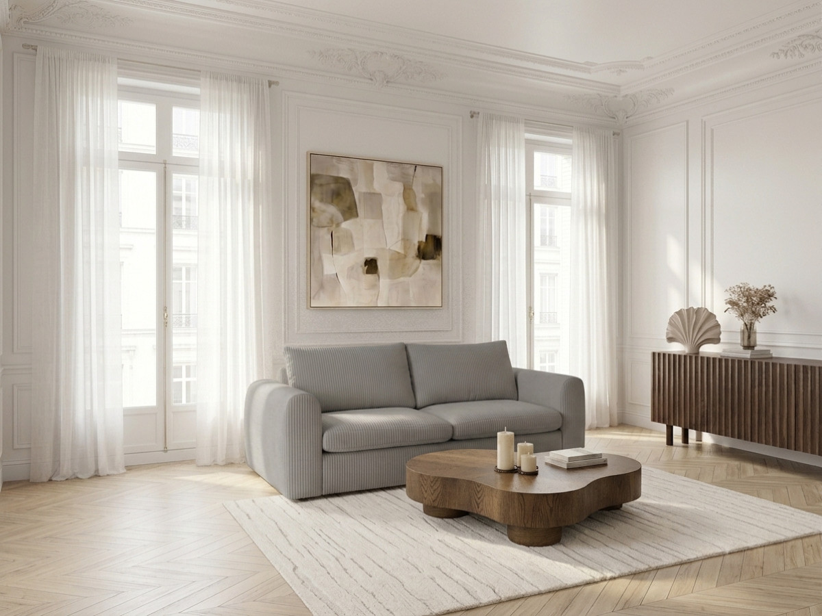 Canapé droit convertible ouverture express 3 places ARCHI tissu velours côtelé gaufré