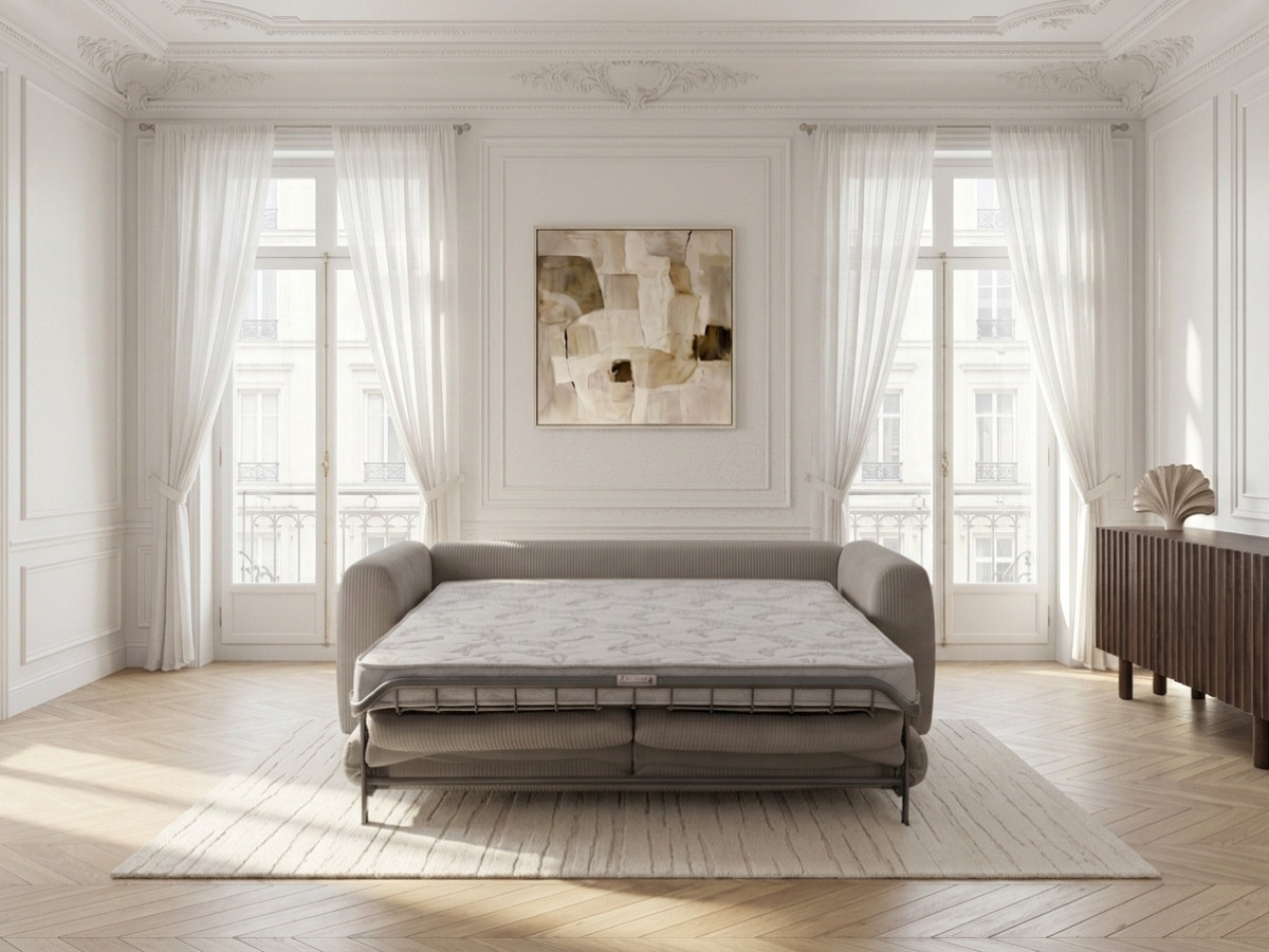 Canapé droit convertible ouverture express 3 places ARCHI tissu velours côtelé gaufré