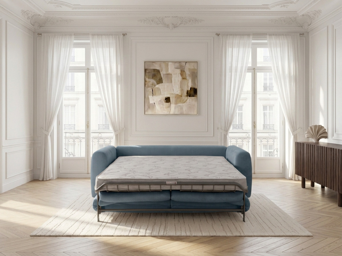 Canapé droit convertible ouverture express 3 places ARCHI tissu velours côtelé gaufré