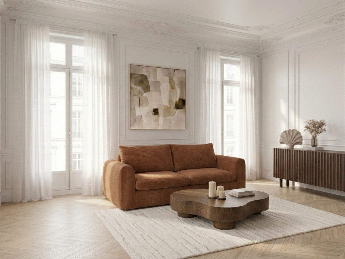 Canapé droit convertible ouverture express 3 places ARCHI tissu velours côtelé gaufré