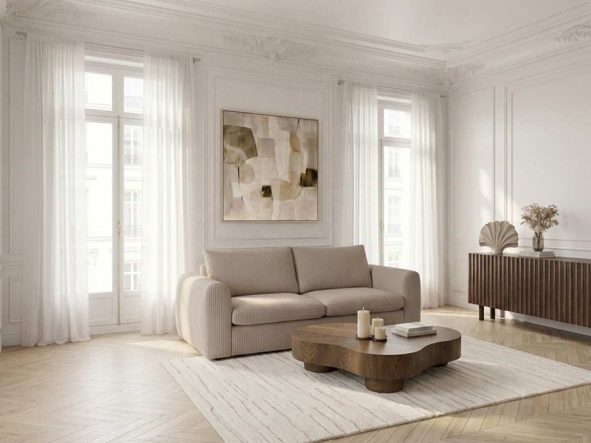 Canapé droit convertible ouverture express 3 places ARCHI tissu velours côtelé gaufré