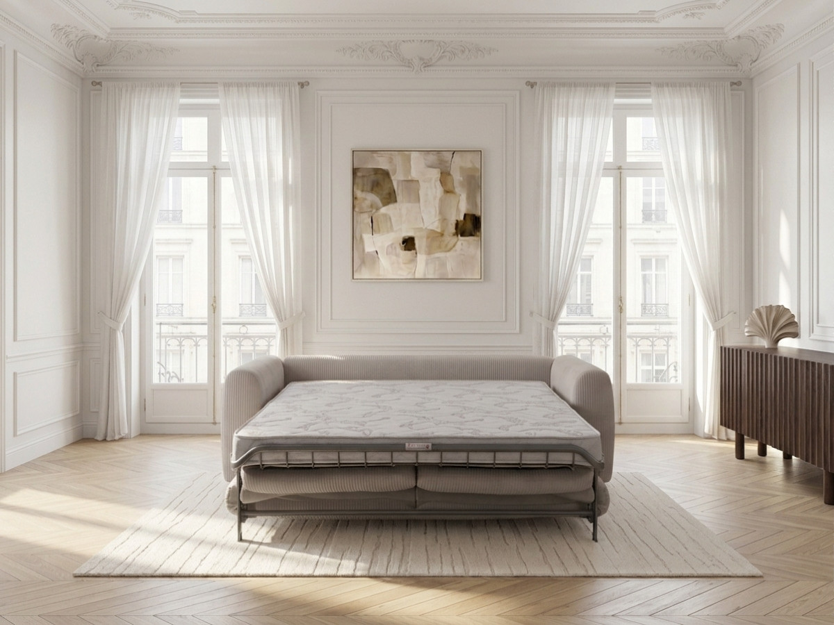 Canapé droit convertible ouverture express 3 places ARCHI tissu velours côtelé gaufré