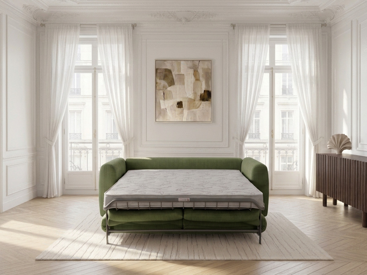Canapé droit convertible ouverture express 3 places ARCHI tissu velours côtelé gaufré