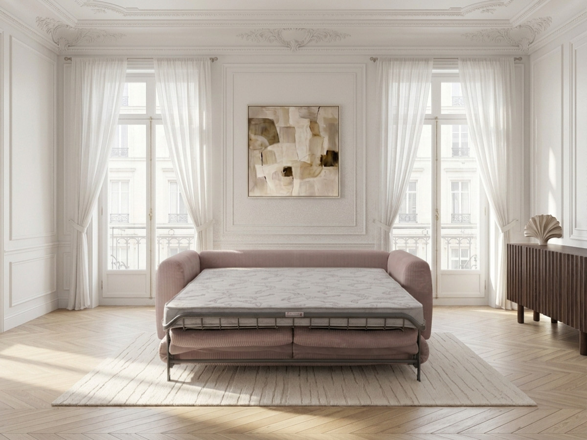 Canapé droit convertible ouverture express 3 places ARCHI tissu velours côtelé gaufré
