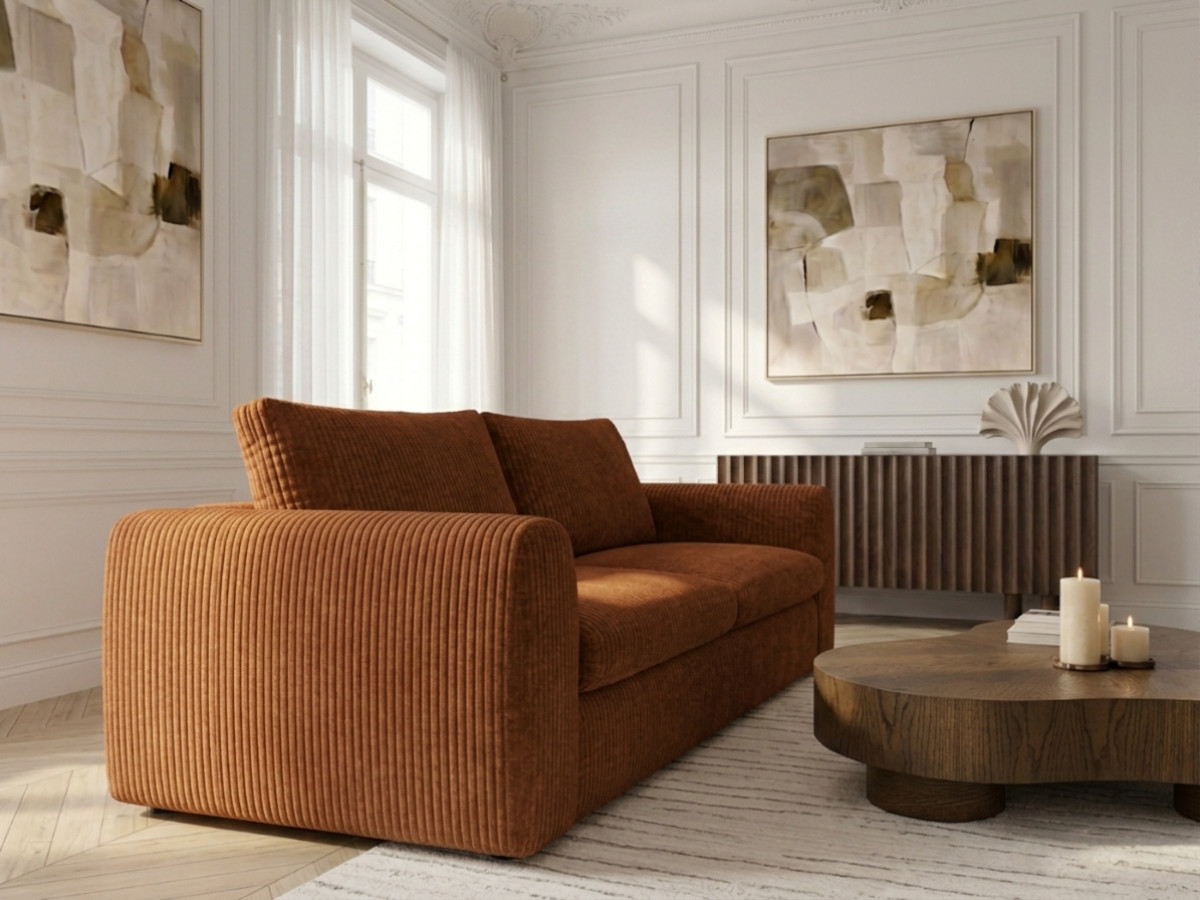 Canapé droit convertible ouverture express 3 places ARCHI tissu velours côtelé gaufré