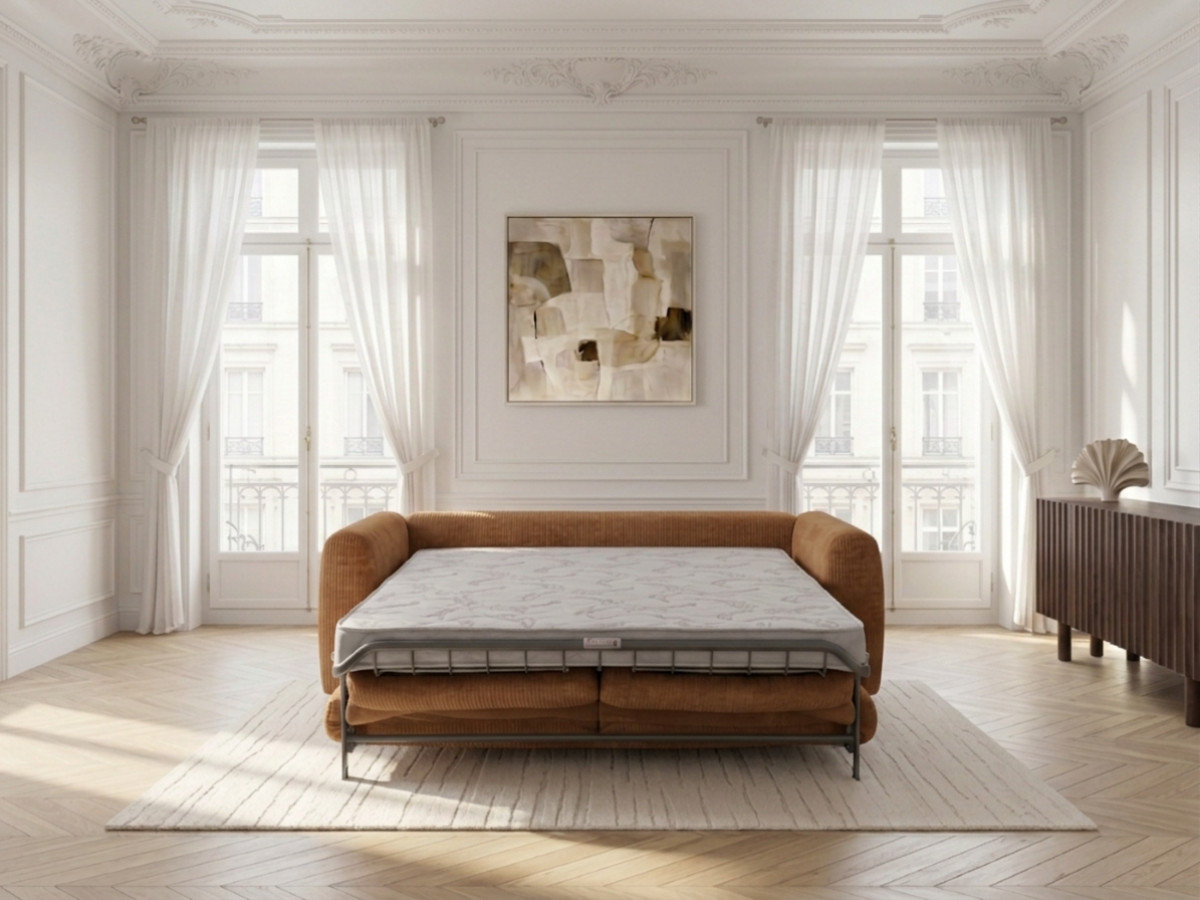 Canapé droit convertible ouverture express 3 places ARCHI tissu velours côtelé gaufré
