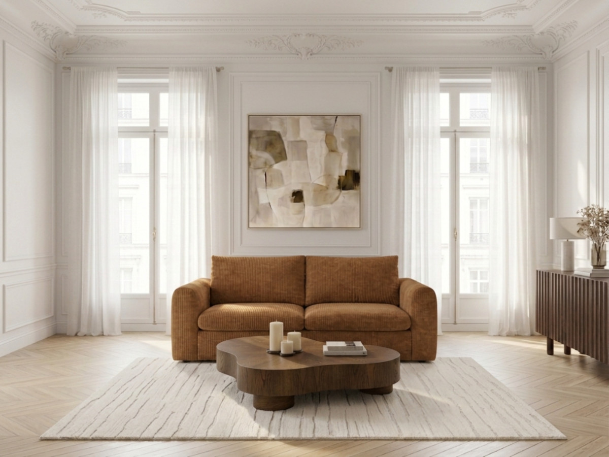 Canapé droit convertible ouverture express 3 places ARCHI tissu velours côtelé gaufré