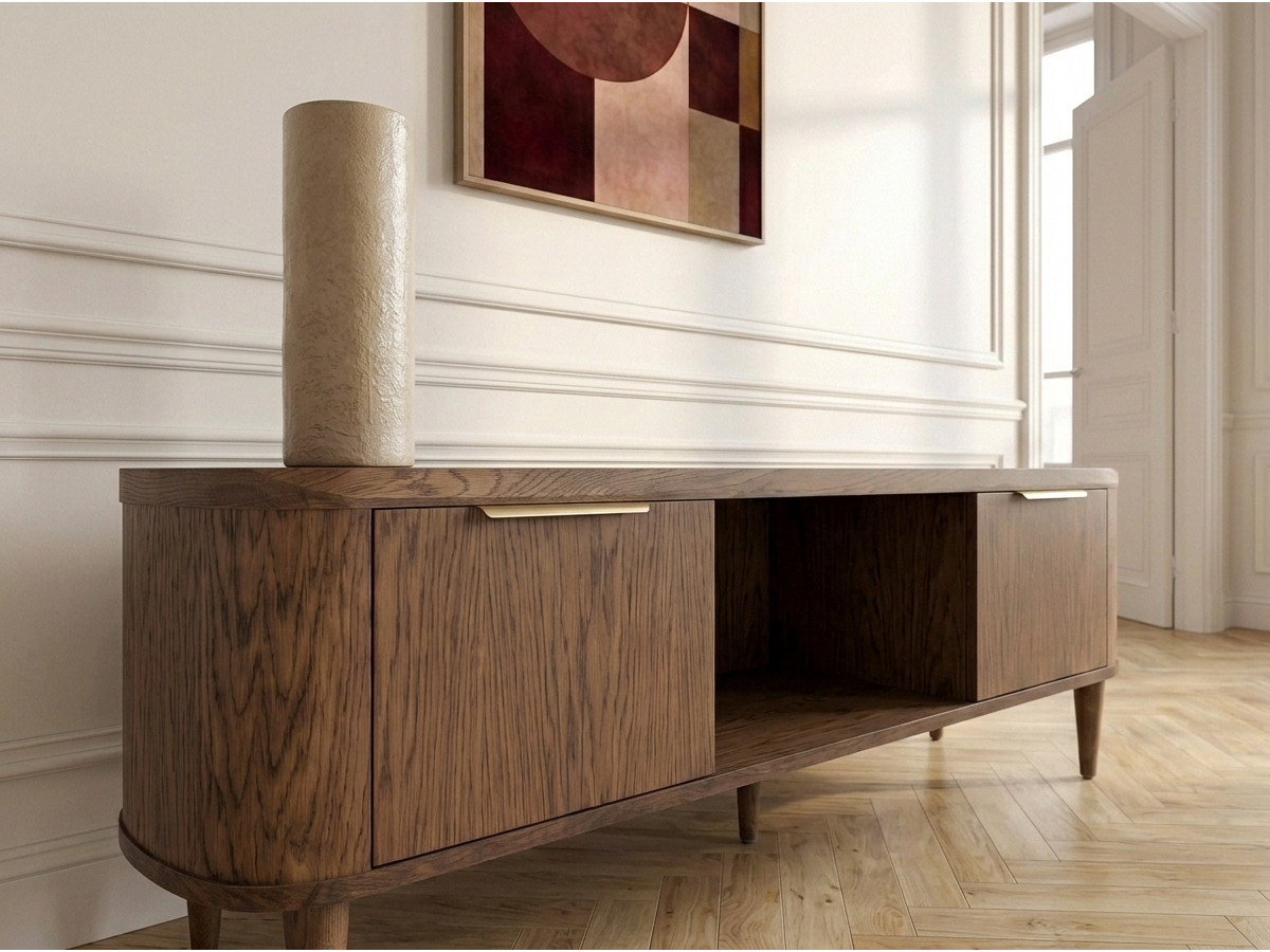 Meuble TV 2 portes 180 cm MAZARGUES placage chêne massif marron foncé — vue 5