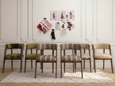 Lot de 6 chaises BASTIDE tissu lisse, tissu bouclette, tissu rayé et velours de soie