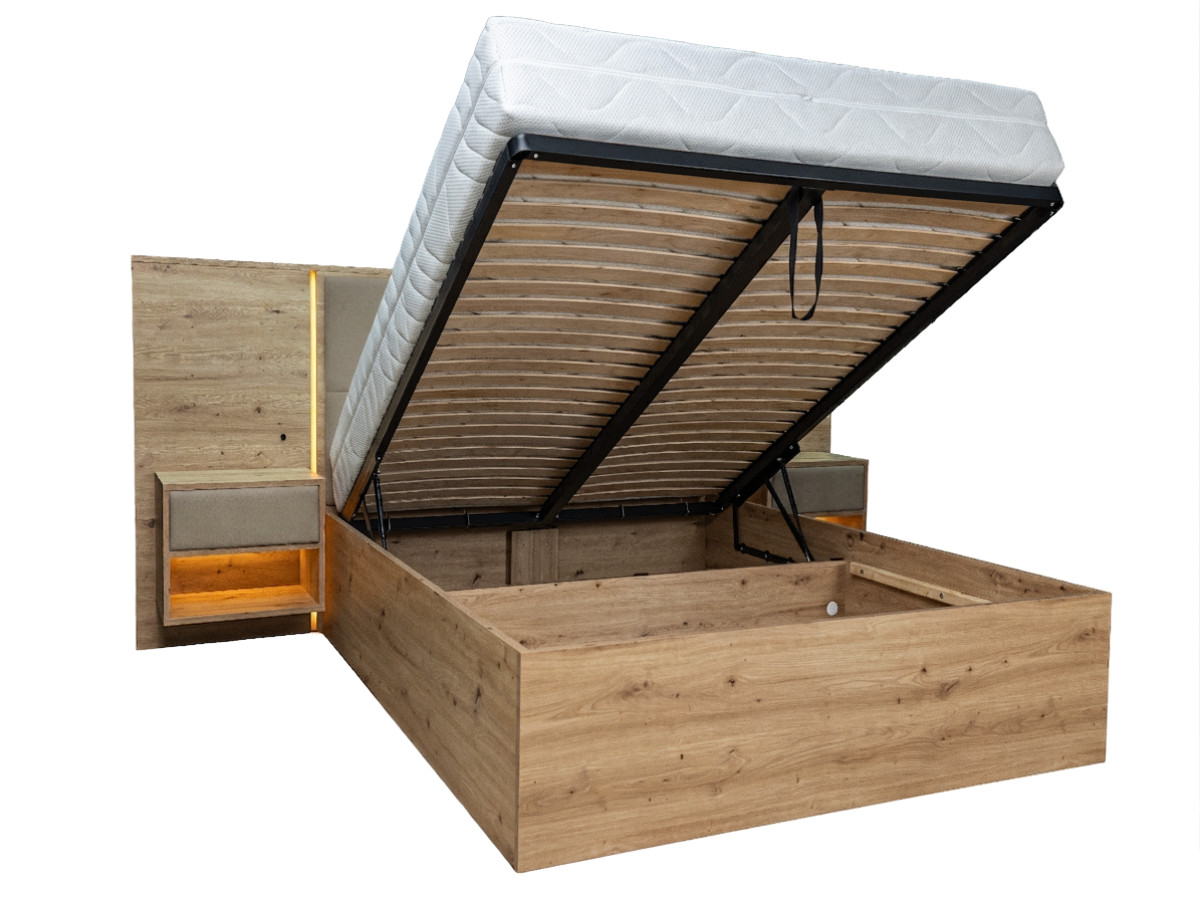 lit coffre avec leds ryokan et chevets intégrés de couleur taupe