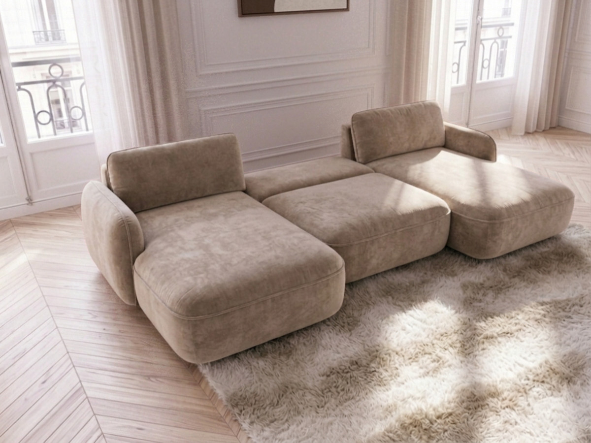 Canapé panoramique convertible coffre CELESTE lisse beige — vue 4