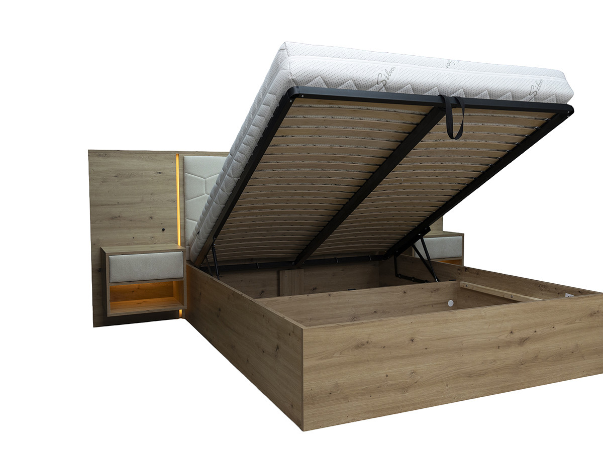 bed met opbergruimte, ledverlichting en geïntegreerde nachtkastjes palmeraie gekleurd beige