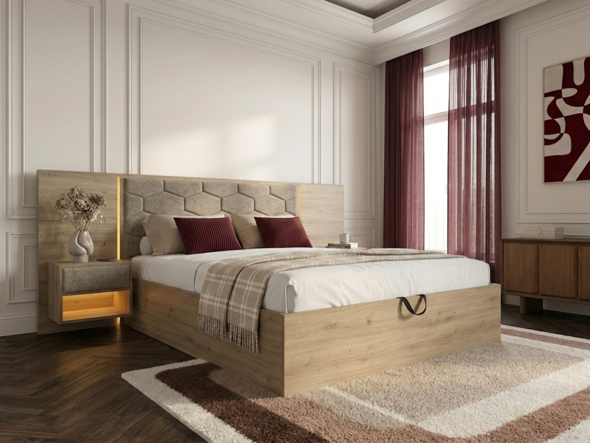 Bed met opbergruimte, ledverlichting en geïntegreerde nachtkastjes PALMERAIE