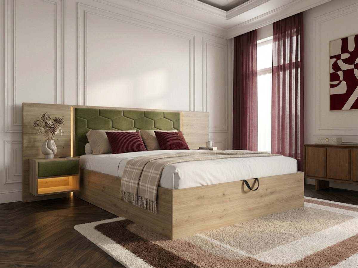 Bed met opbergruimte, ledverlichting en geïntegreerde nachtkastjes PALMERAIE