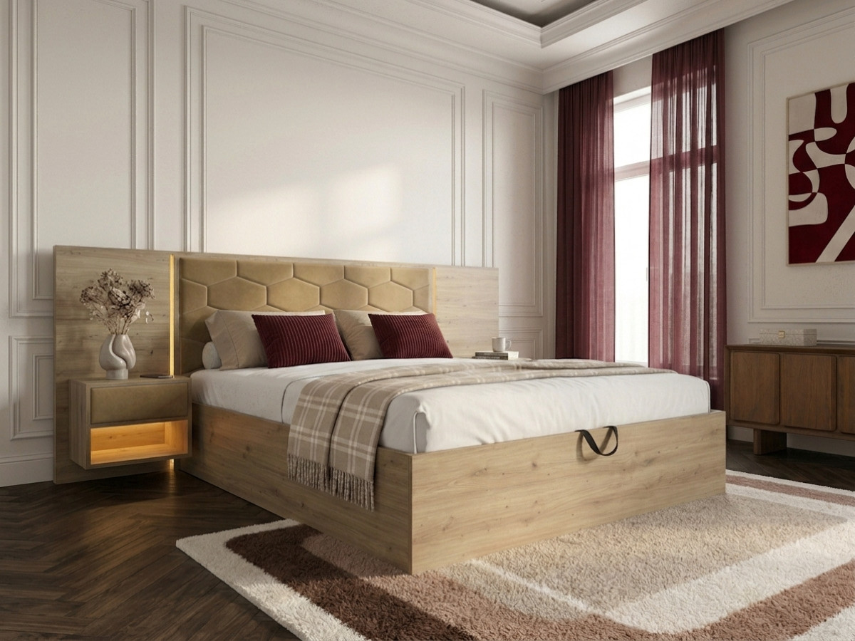 Bed met opbergruimte, ledverlichting en geïntegreerde nachtkastjes PALMERAIE